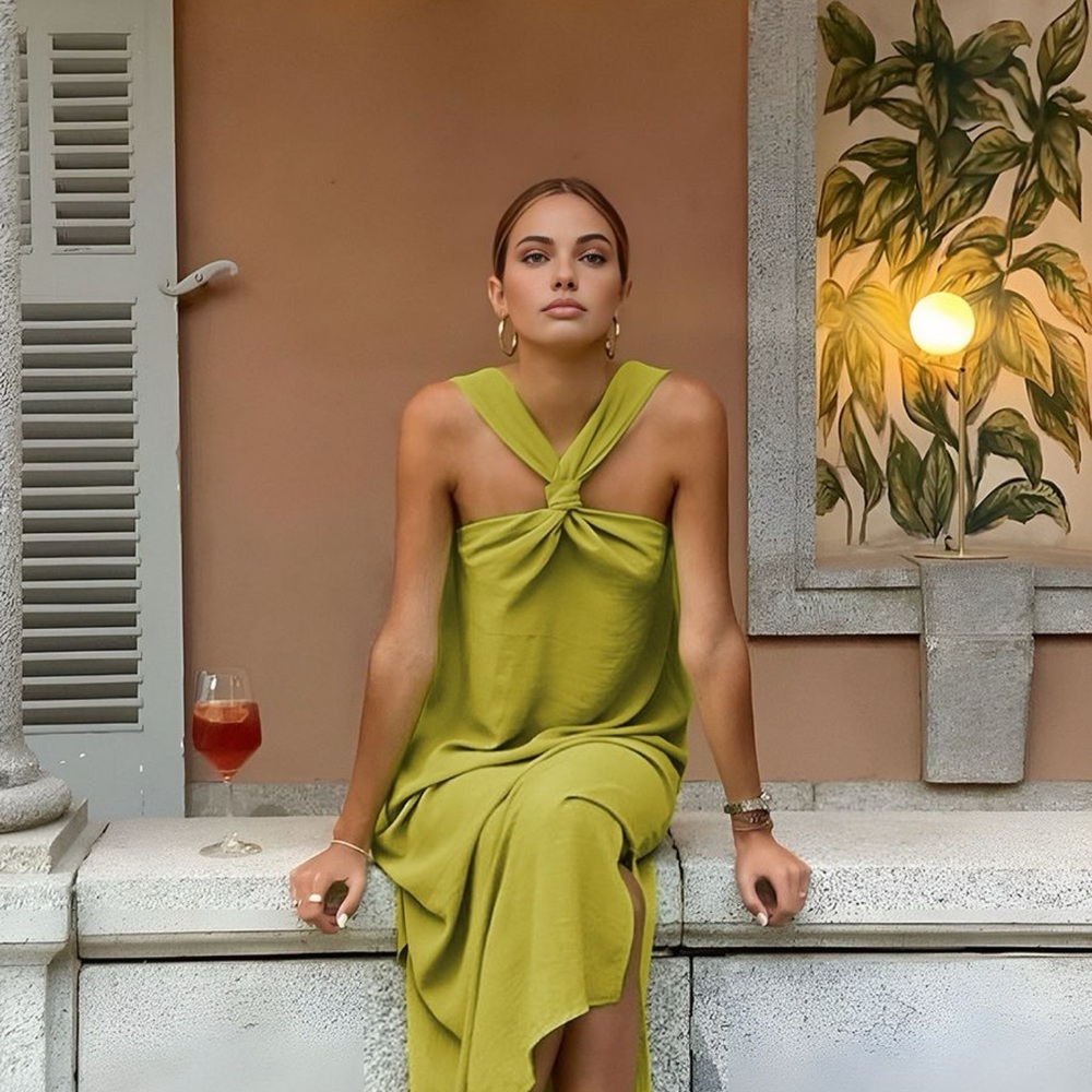Knot-Front One-Shoulder Maxi Dress in Olive Green